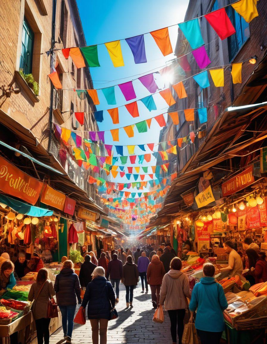 A vibrant market scene bustling with excited shoppers exploring colorful stalls filled with discounted items and fantastic bargains. Include a sense of joy with people holding shopping bags, surrounded by banners advertising thrilling discounts. Bright, eye-catching colors and a lively atmosphere should capture the essence of savings and excitement. Capture a warm sunlight glow to enhance the energy of the scene. vector art. vibrant colors.