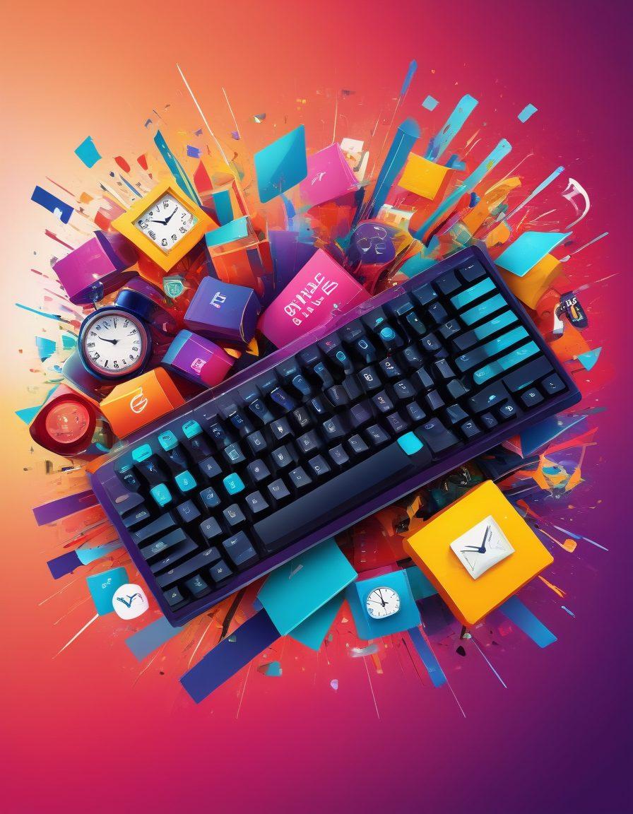 An eye-catching digital collage showcasing a keyboard with colorful Markdown syntax symbols floating above, surrounded by visual representations of limited-time offers like clocks and banners. Include playful bonus promotion icons like gift boxes and surprises integrated into the design, all set against a dynamic, vibrant background symbolizing excitement and urgency. The overall style should be modern and engaging, infused with energetic colors. vector art. vibrant colors.