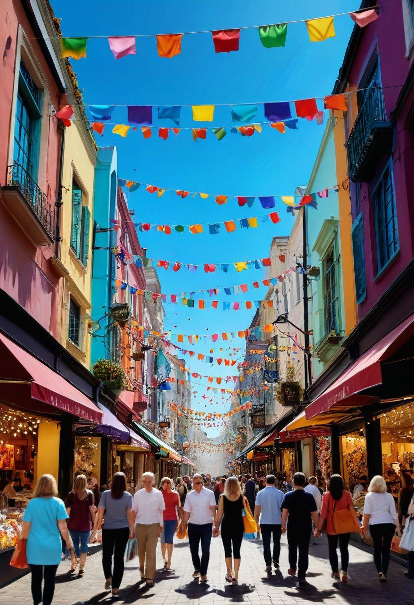 A vibrant, colorful marketplace bursting with joyful shoppers discovering exciting offers and discounts. Include cheerful characters holding shopping bags filled with products, confetti floating in the air, and colorful banners announcing fabulous sales. The atmosphere is lively and celebratory, radiating happiness and the thrill of savings. super-realistic. vibrant colors. festive background.